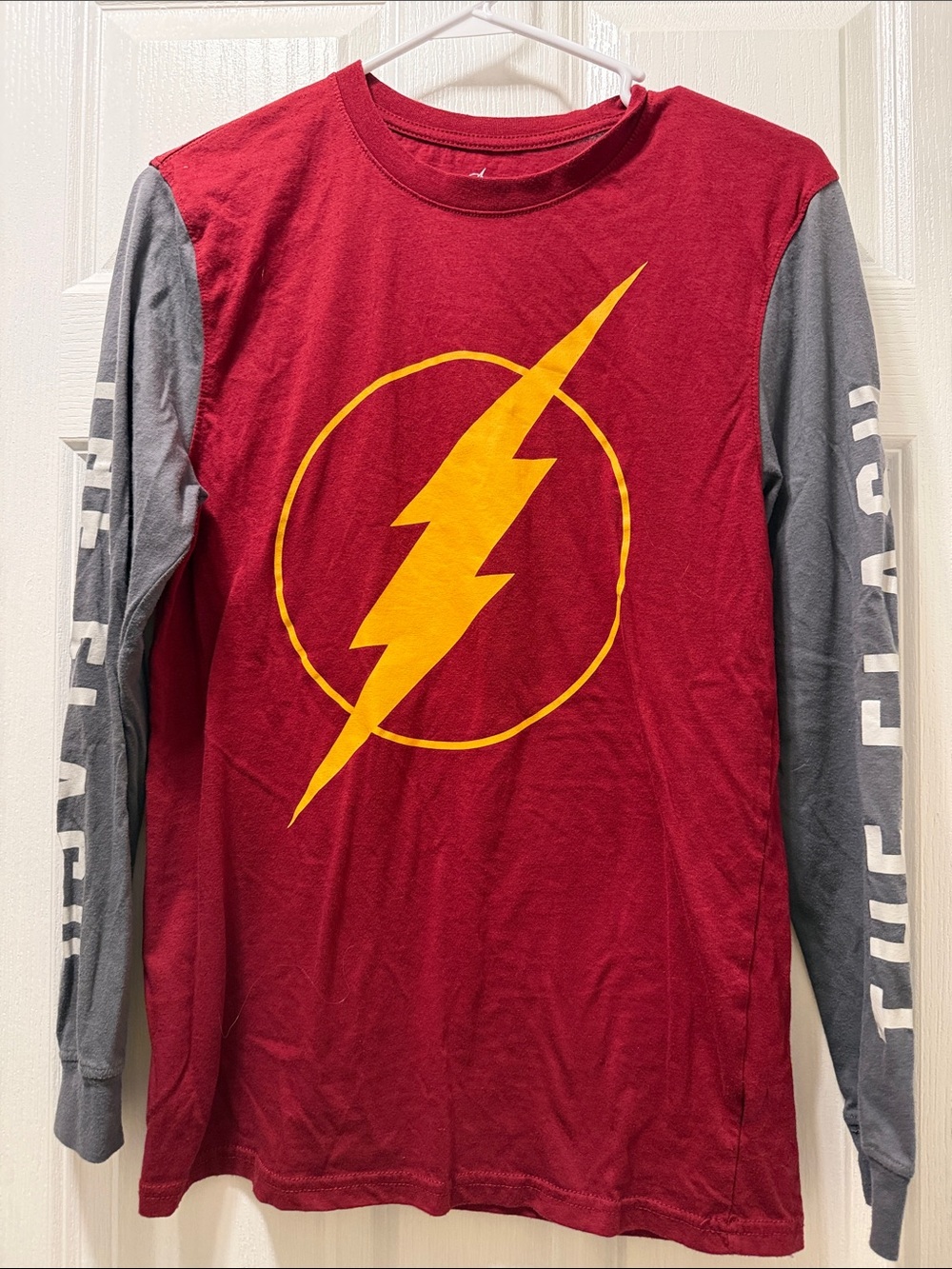 Men's Long Sleeve Graphic Tee in Red with Yellow Lightning. The Flash